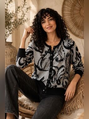 Premise Black & Grey Paisley Cardigan Sweater